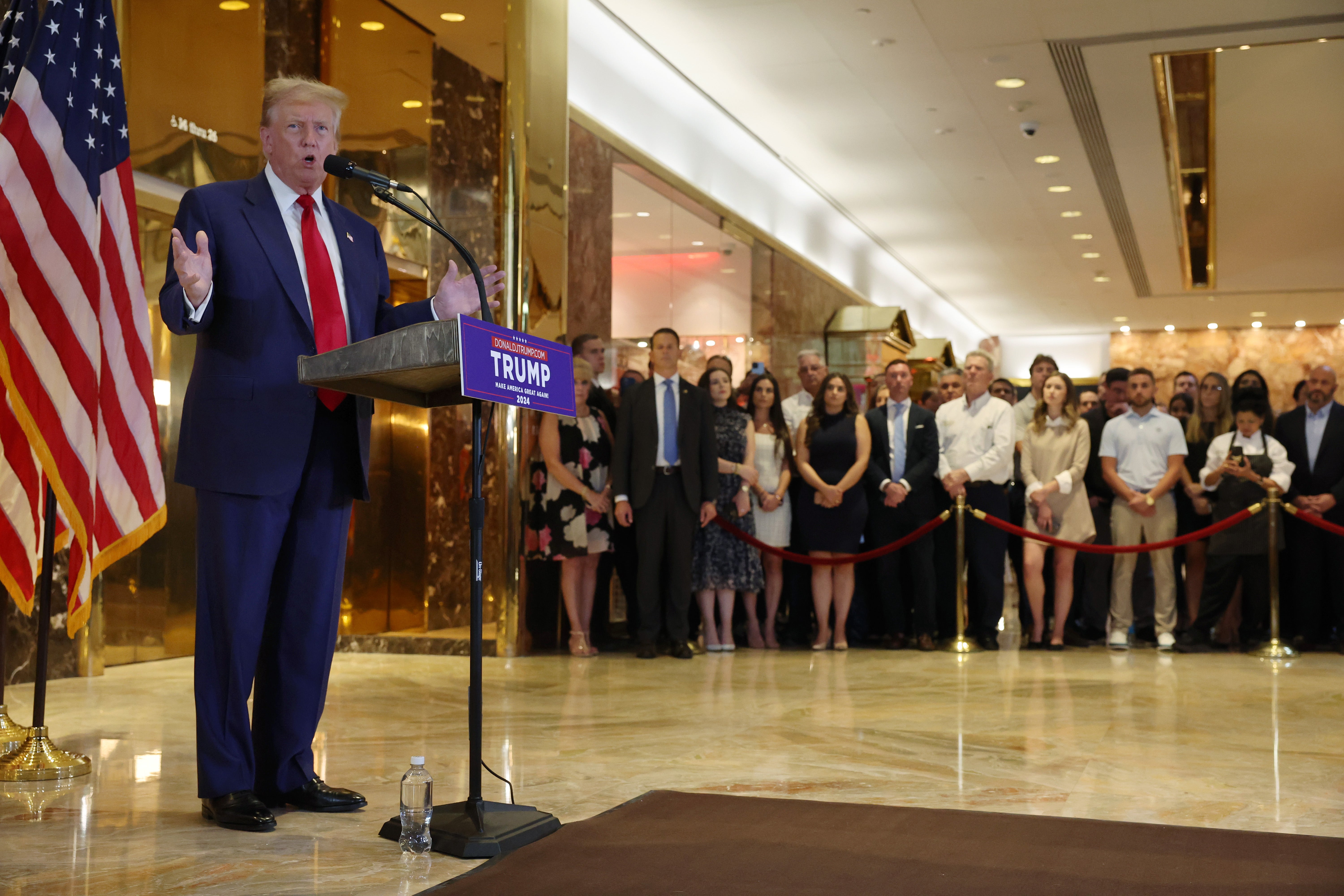 Donald Trump delivers remarks inside Trump Tower on May 31, one day after he was convicted of 34 felonies in a hush money scheme to influence the 2016 election.