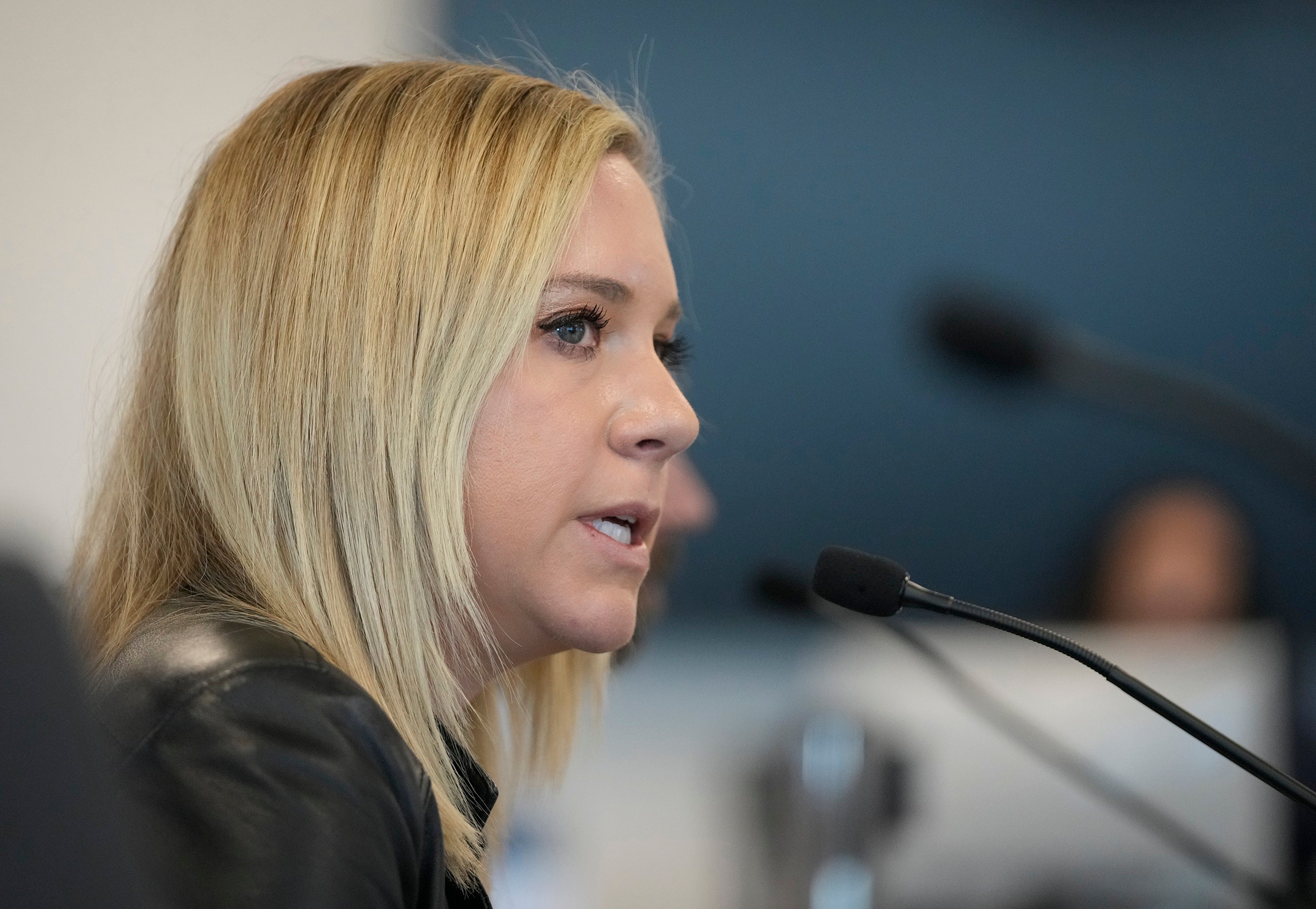 Amanda Zurawski, the lead plaintiff in a challenge to Texas abortion law, speaks to a state medical board on March 22 2024.