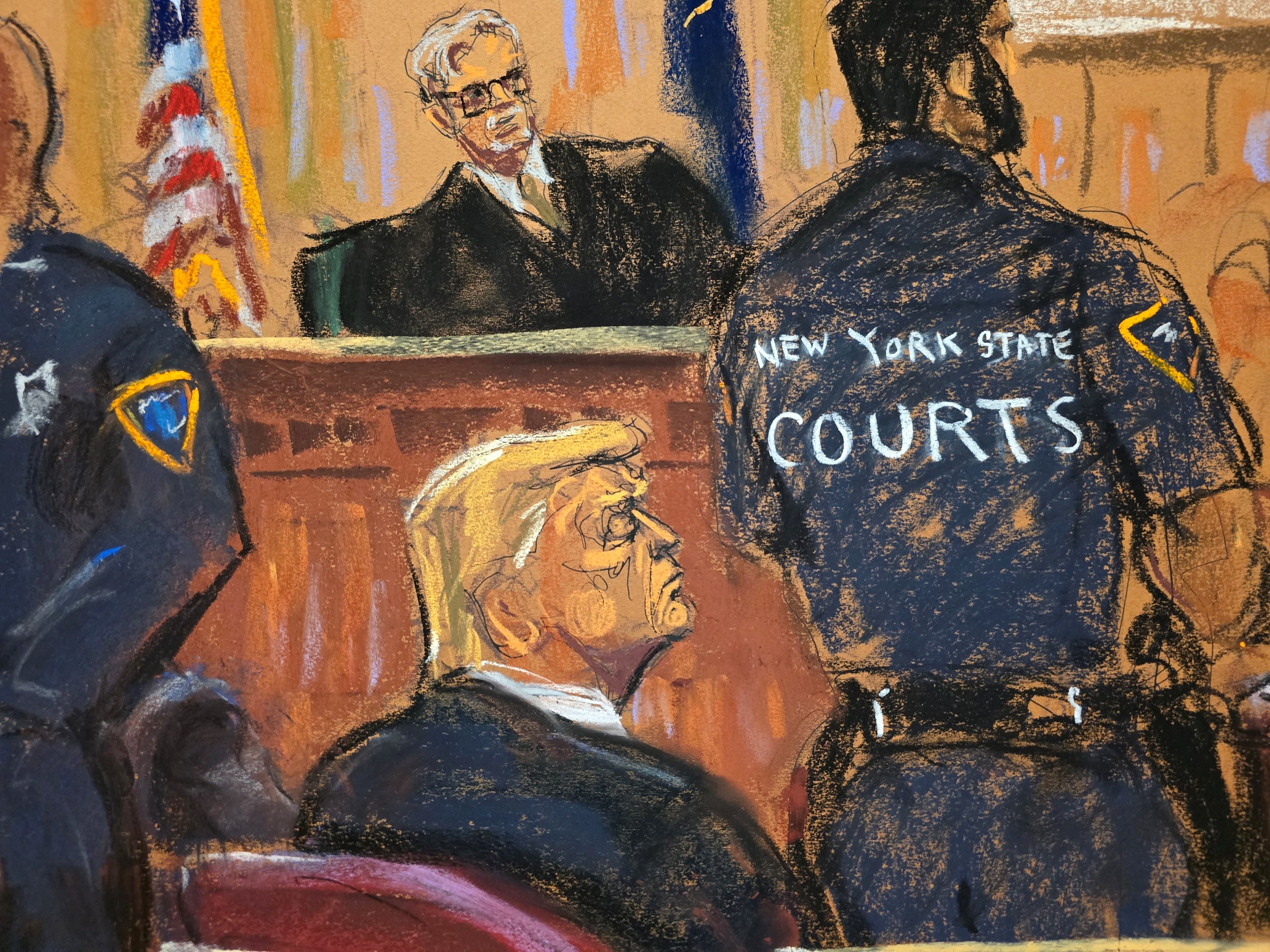 A courtroom sketch depicts Donald Trump as he listens to 34 guilty verdicts in his hush money trial on May 30, 2024