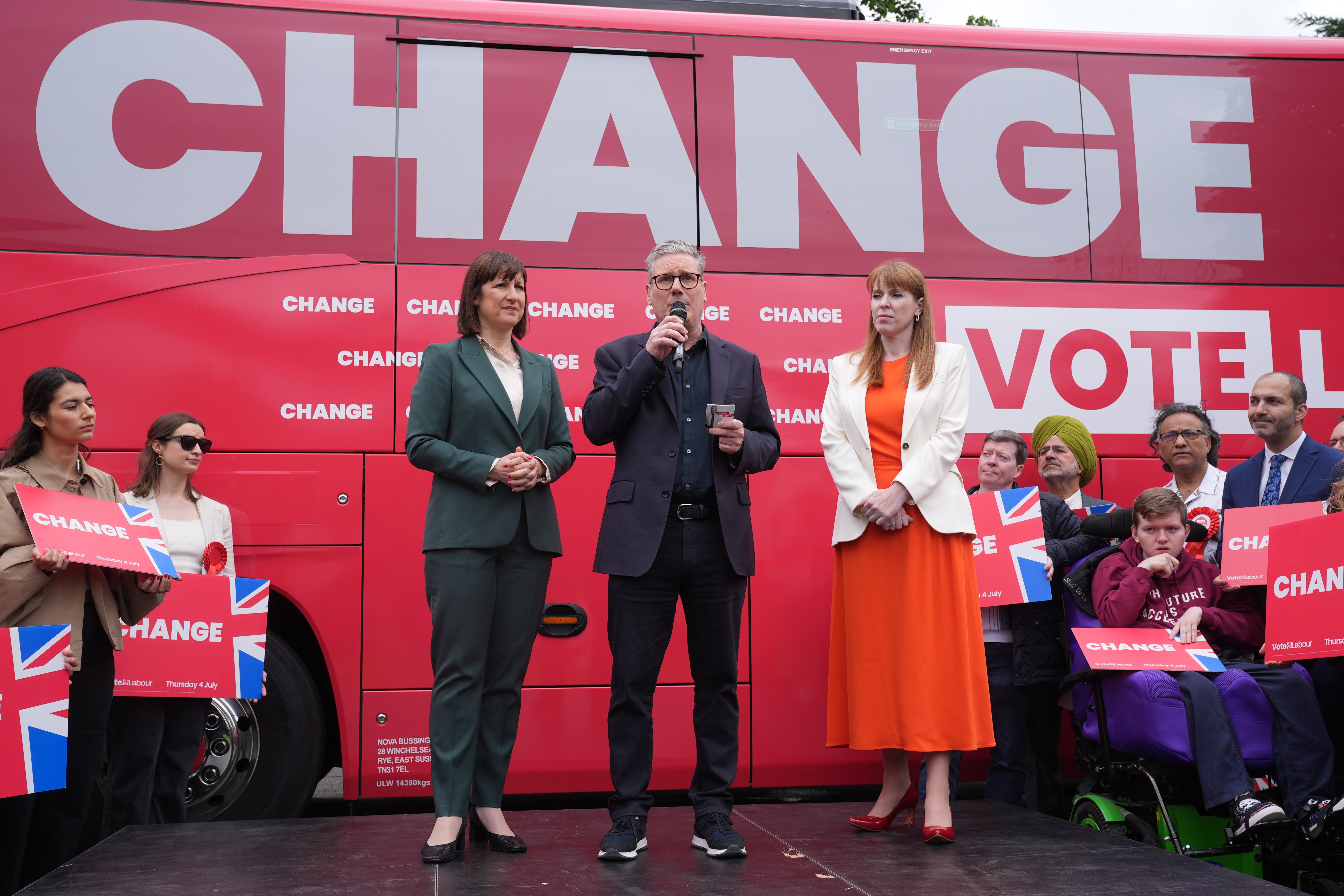 Shadow chancellor Rachel Reeves, Labor leader Sir Keir Starmer and Labor deputy leader Angela Rayner, at the launch of the Labor campaign bus at Uxbridge College