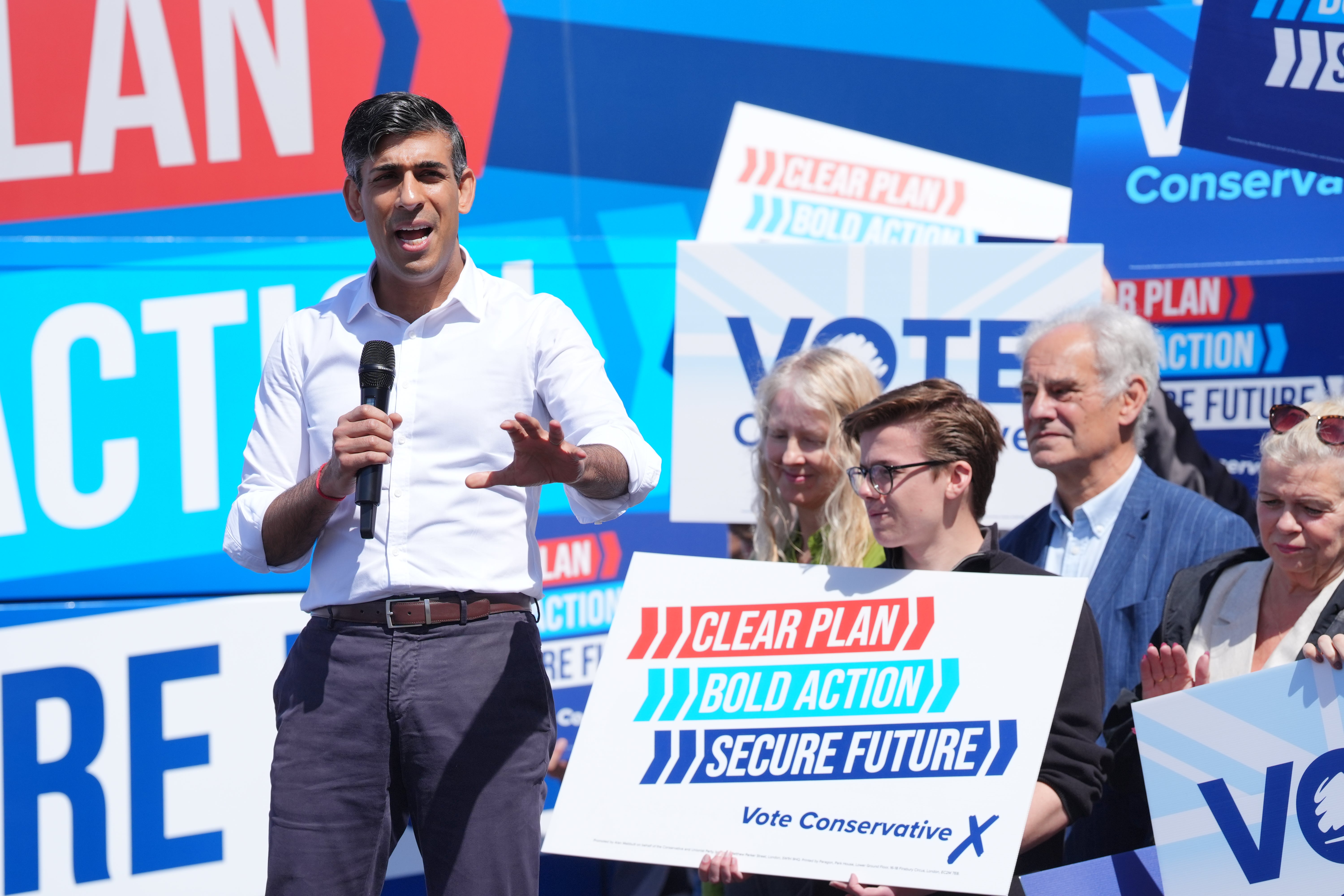 Prime Minister Rishi Sunak launches the Conservative campaign bus at Redcar Racecourse in north-east England.