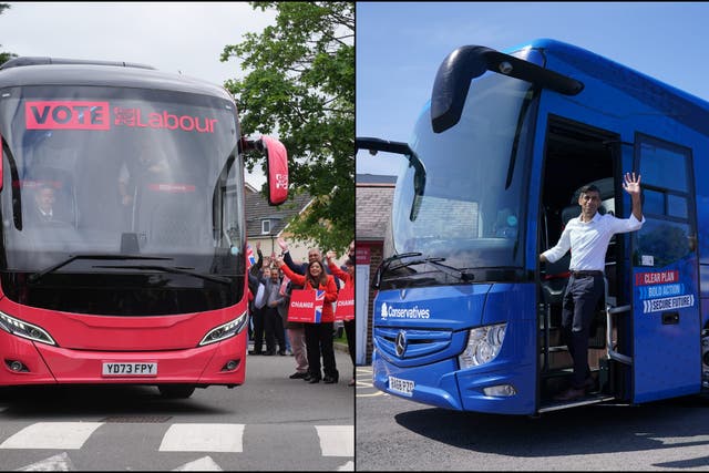 Labour and the Conservatives both launched their party buses at the weekend (Lucy North and Jonathan Brady/PA)