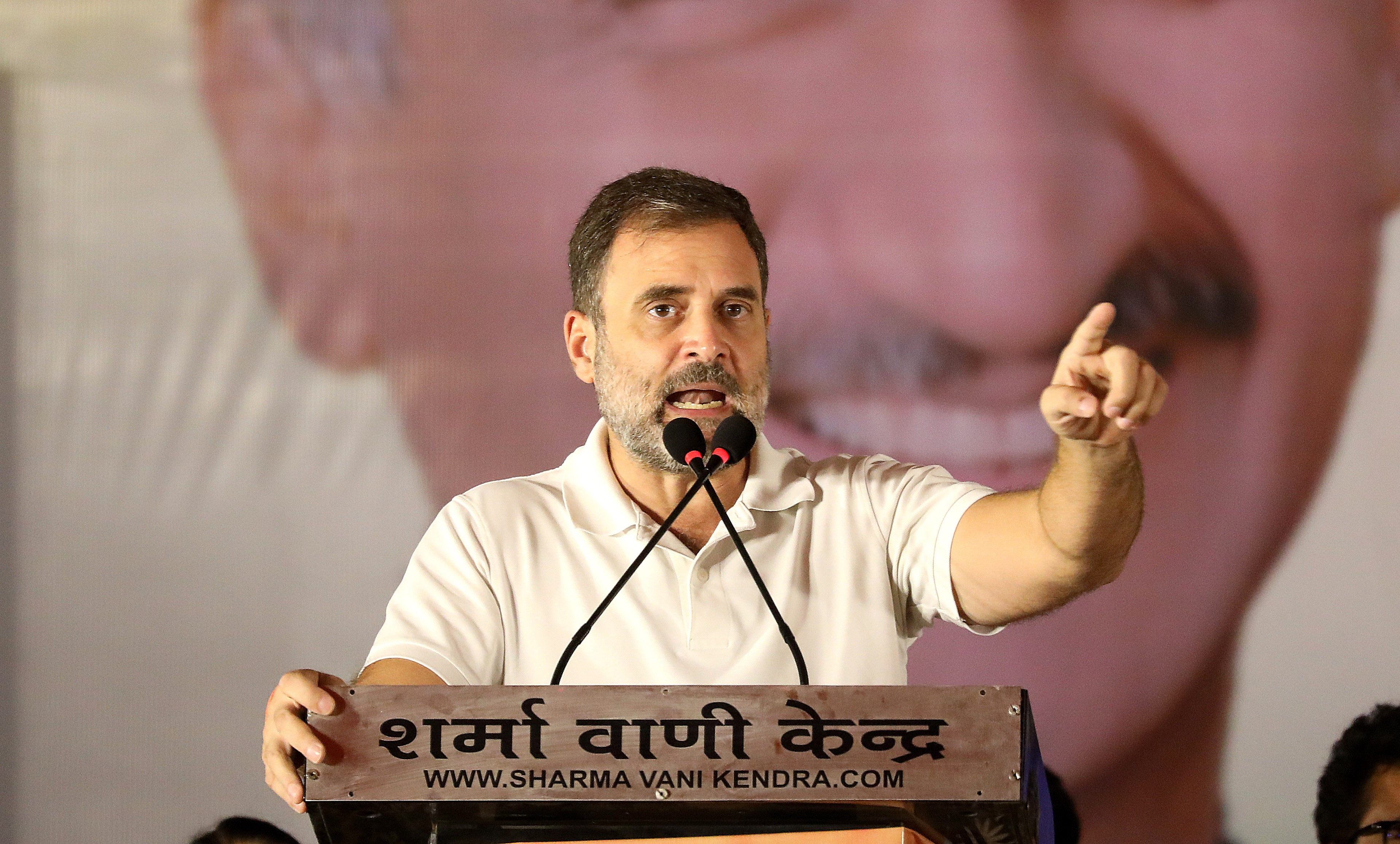 Congress leader Rahul Gandhi speaks during the rally of Indian National Developmental Inclusive Alliance (INDIA), a multi-party political alliance, at Ashok Vihar in New Delhi, India, 18 May 2024