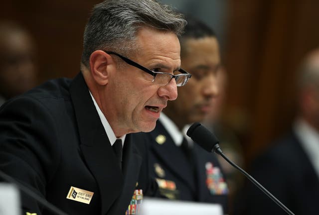 <p>Admiral Robert Burke, pictured in 2017, has been charged with conspiracy to commit bribery and bribery by the US Department of Justice</p>