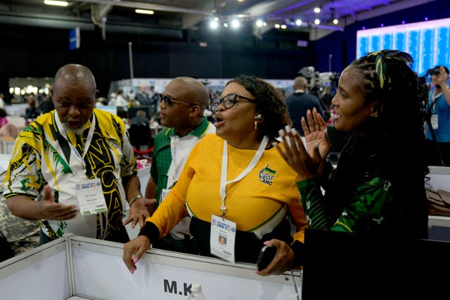<p>Deputy Secretary General of the African National Congress Nomvula Mokonyane, centre, reacts to the results board at the Results Operation Centre in Midrand, Johannesburg</p>