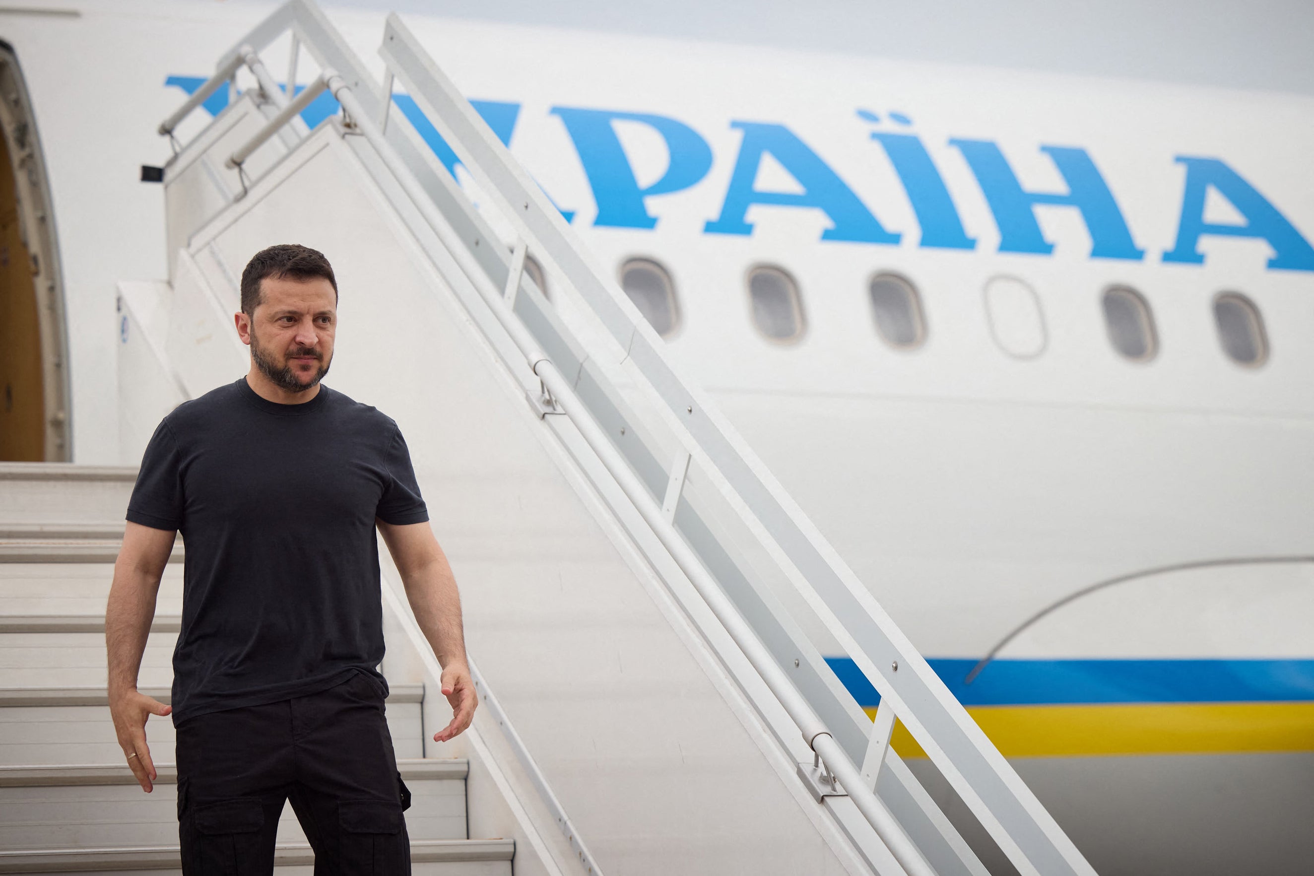 In this handout photograph taken and released by the Ukrainian Presidential Press Service on 1 June 2024, Ukraine’s president Volodymyr Zelensky gets off his plane as he arrives to attend Shangri-La Dialogue Summit in Singapore