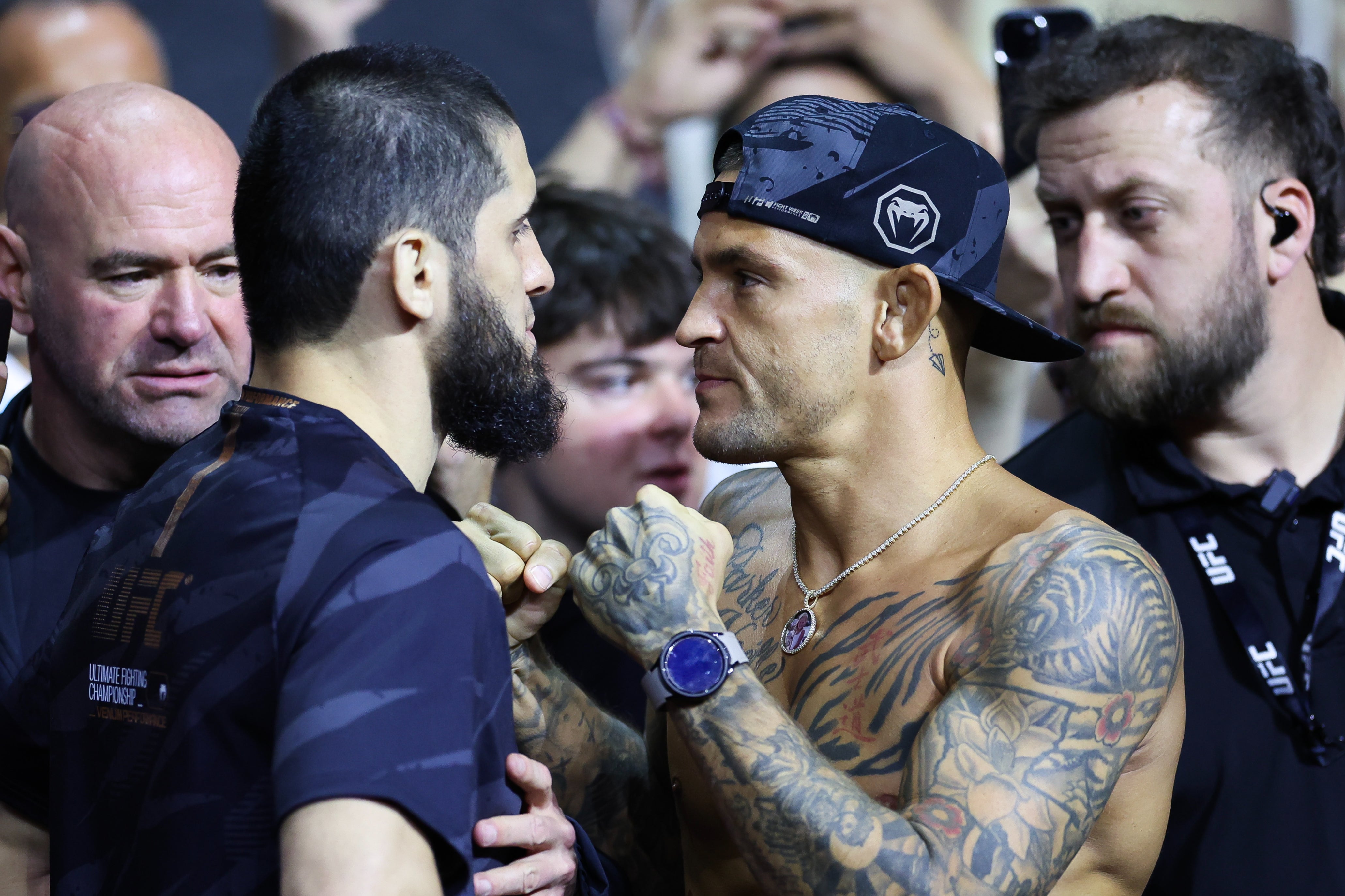 Islam Makhachev (left) facing off with Dustin Poirier on Friday