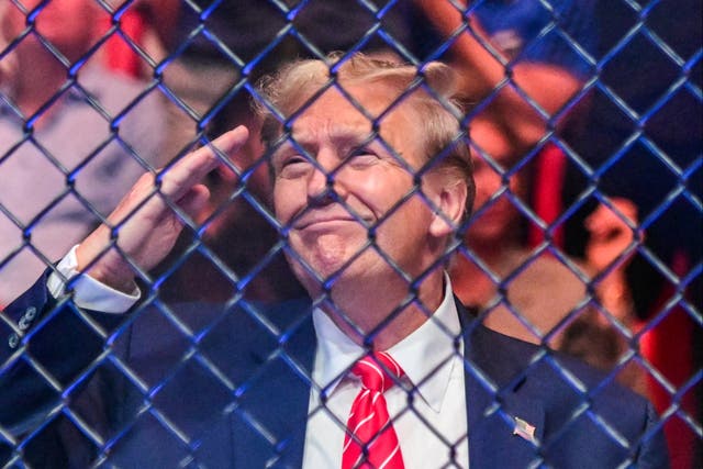 <p>Former US President Donald Trump attends the Ultimate Fighting Championship (UFC) 299 mixed martial arts event at the Kaseya Center in Miami, Florida on March 9, 2024. The former president attended UFC  302  </p>