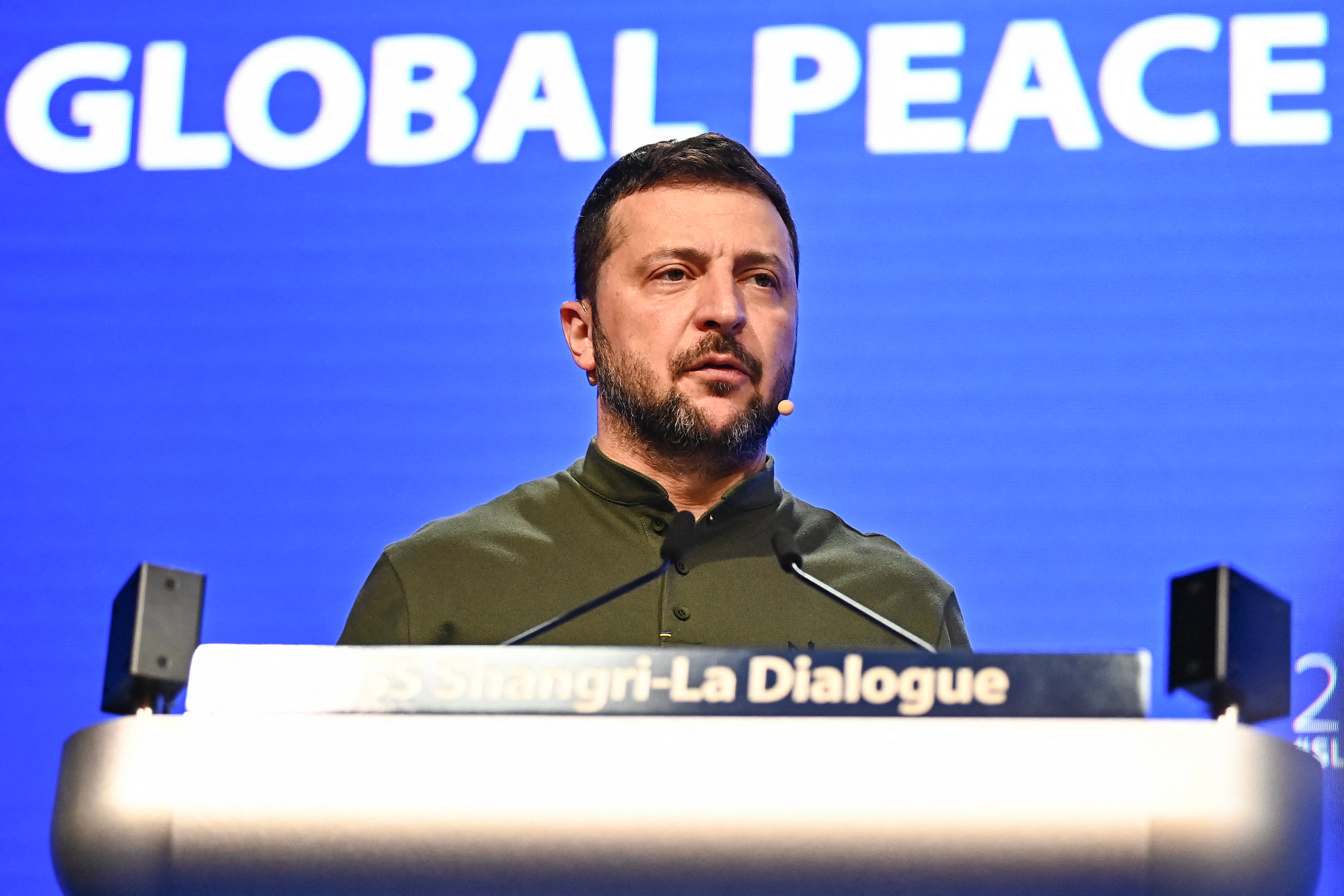 Ukraine’s president Volodymyr Zelensky speaks during the 21st Shangri-La Dialogue summit at the Shangri-La Hotel in Singapore on 2 June 2024