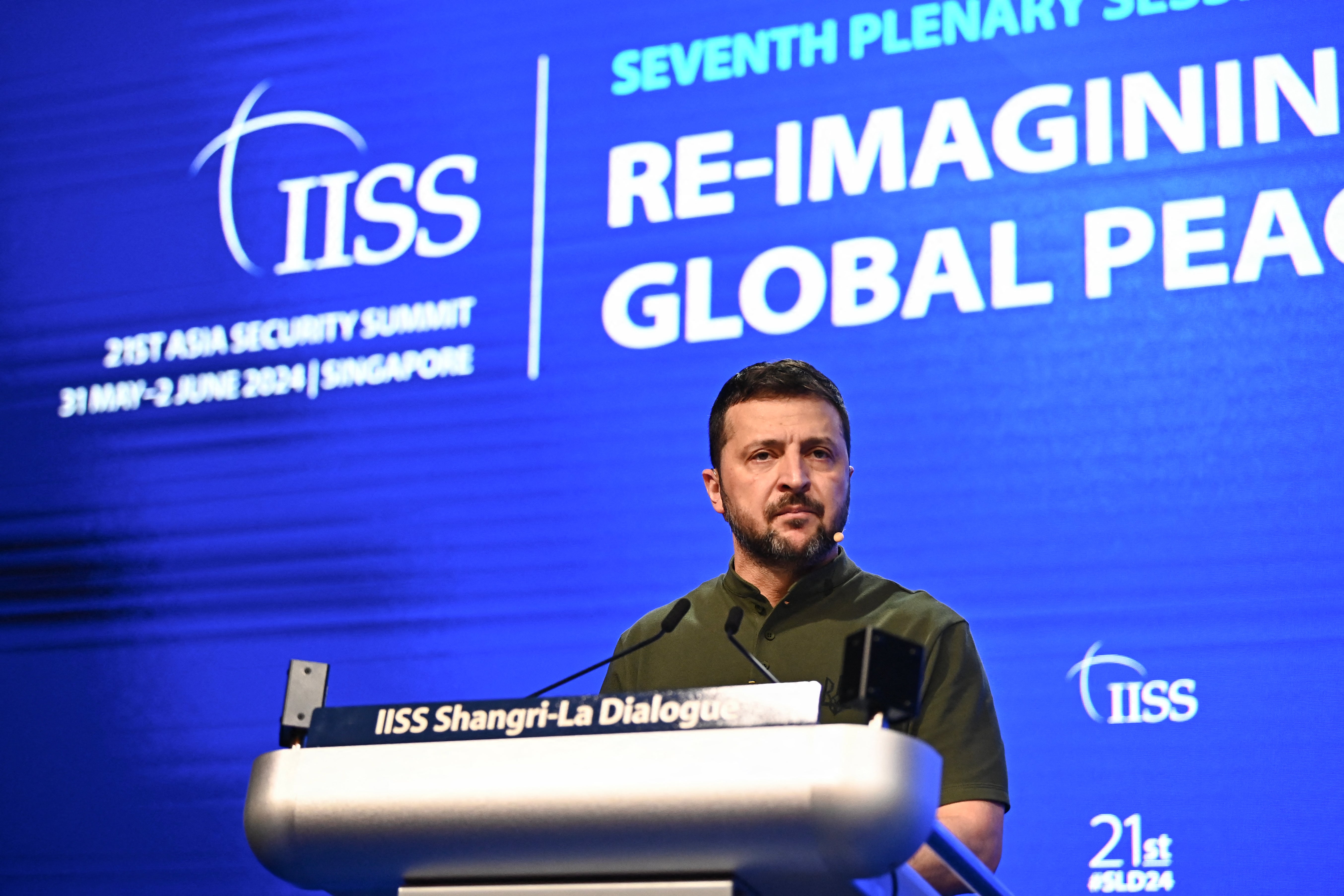 Ukraine’s president Volodymyr Zelensky speaks during the 21st Shangri-La Dialogue summit at the Shangri-La Hotel in Singapore on 2 June 2024