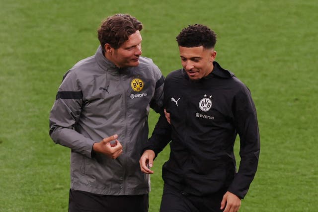 <p>Edin Terzic (left) has helped revitalise Jadon Sancho this season</p>