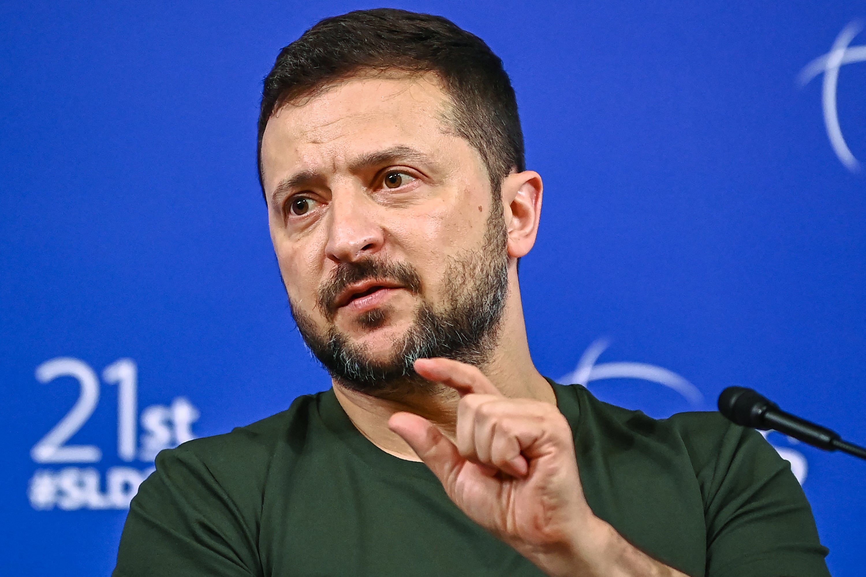 Ukraine's president Volodymyr Zelensky speaks during the 21st Shangri-La Dialogue summit at the Shangri-La Hotel in Singapore