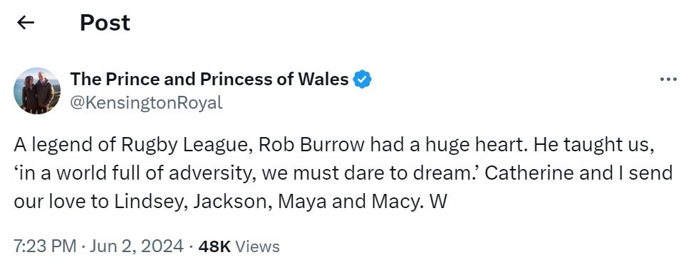 Prince William pays tribute to Rob Burrow