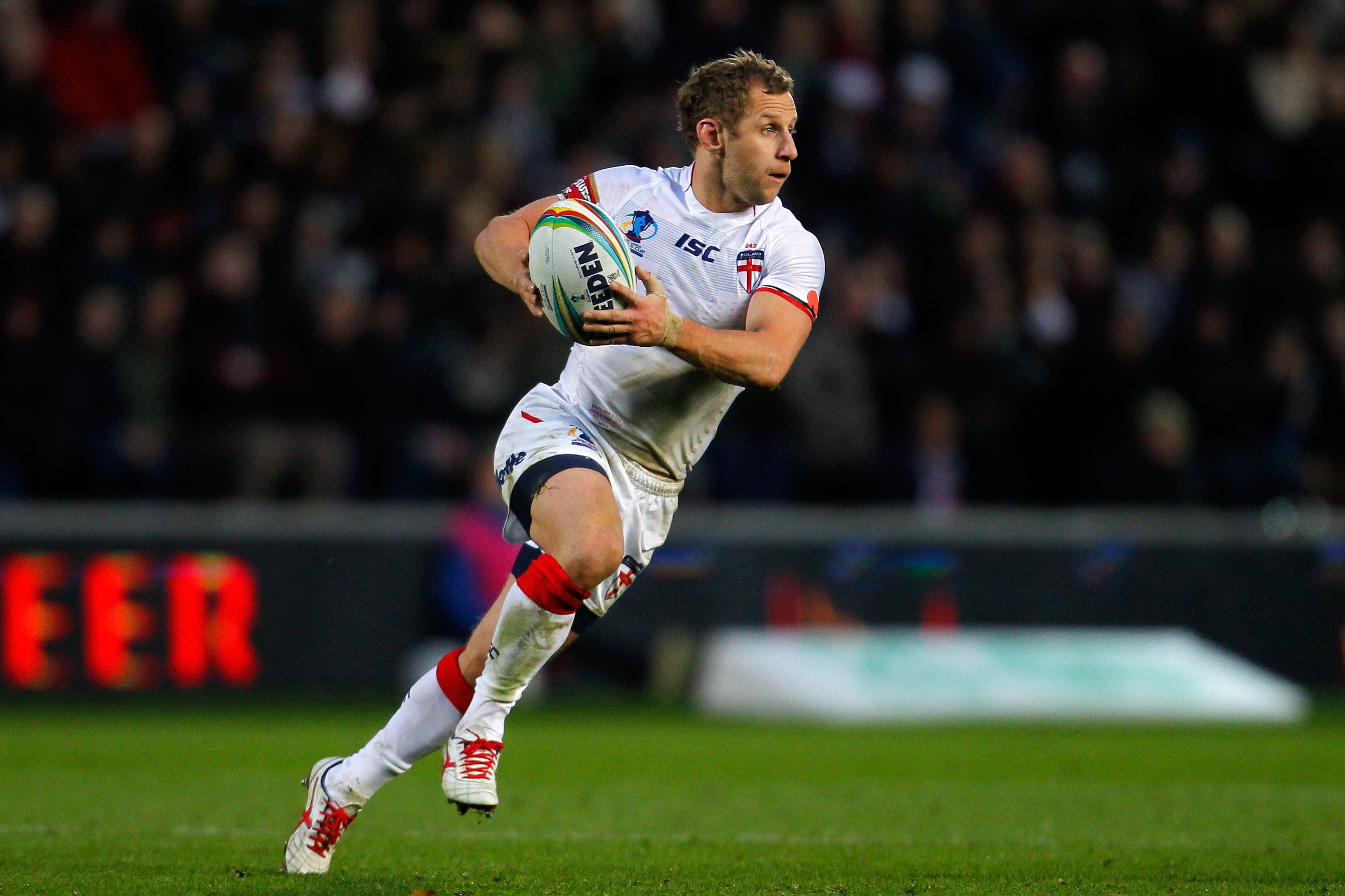 Burrow playing for England during the Rugby League World Cup in 2013