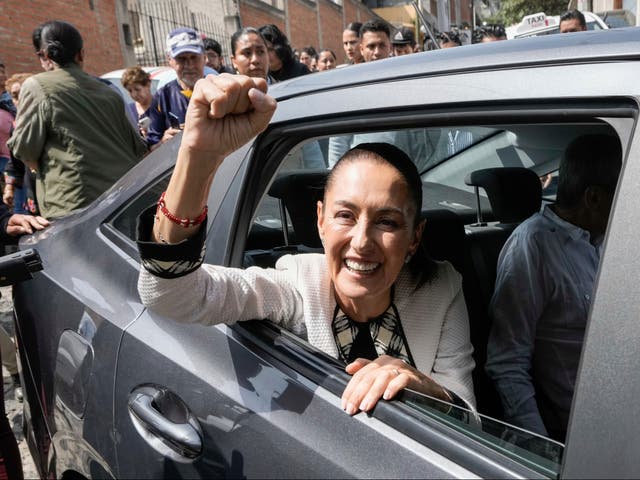<p>Claudia Sheinbaum leaves the polling station where she voted in Mexico City on 2 June 2024</p>