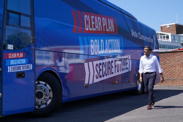 Prime Minister Rishi Sunak at the launch of the Conservative campaign bus (Jonathan Brady/PA)