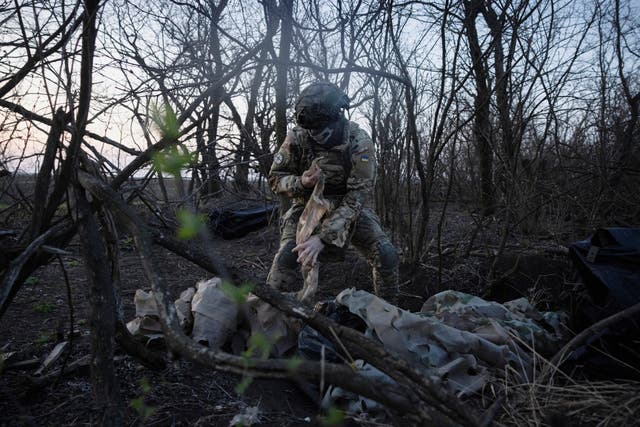 A member of a drone unit of Ukraine's 58th Motorized Brigade unpacks equipment near the front line in the Donetsk region, amid Russiaâ€™s attack on Ukraine, Ukraine April 9, 2024