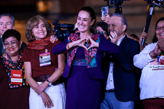Presidential candidate Claudia Sheinbaum of ''Sigamos Haciendo Historia'' shows gratitude to supporters after the first results released by the election authorities show that she leads the polls by wide margin after the presidential election at Zocalo Square on June 02, 2024 in Mexico City, Mexico