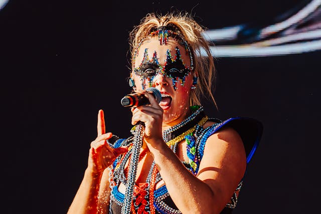 <p>Reality star JoJo Siwa, in her new, Gene Simmons-inspired get-up, on the main stage at Mighty Hoopla</p>