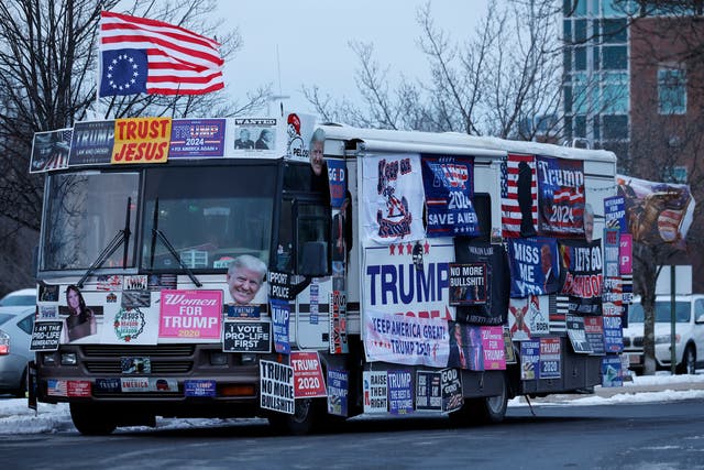 <p>The RV covered in campaign signs and flags has been spotted outside other Donald Trump campaign rallies, such as in Concord, New Hampshire on 19 January </p>