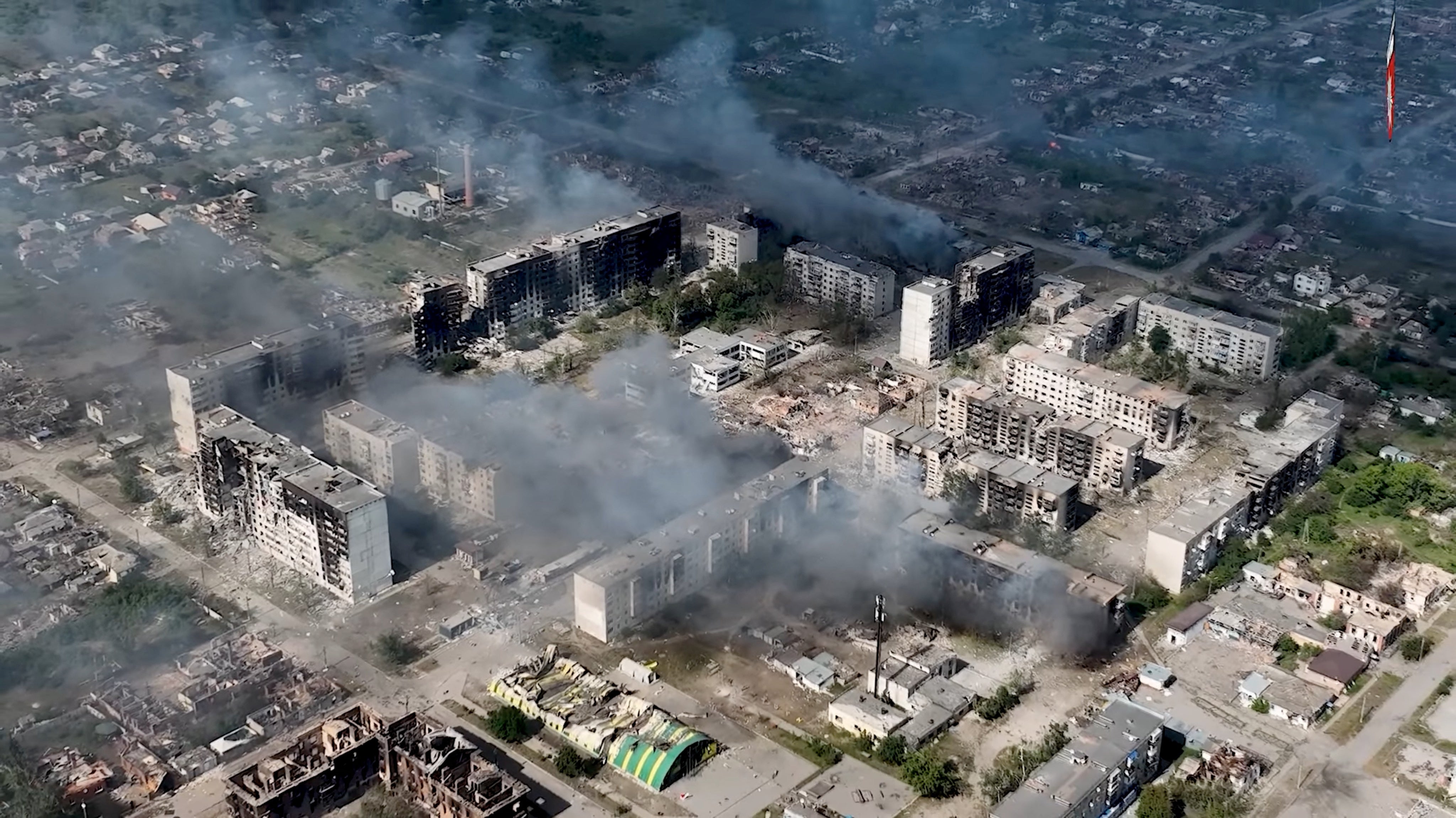 A drone view shows damaged property, amid Russia's attack on Ukraine, in Vovchansk, Kharkiv region