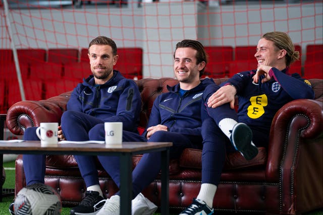 <p>Ben Chilwell, Jordan Henderson and Conor Gallagher watched back some iconic England moments </p>