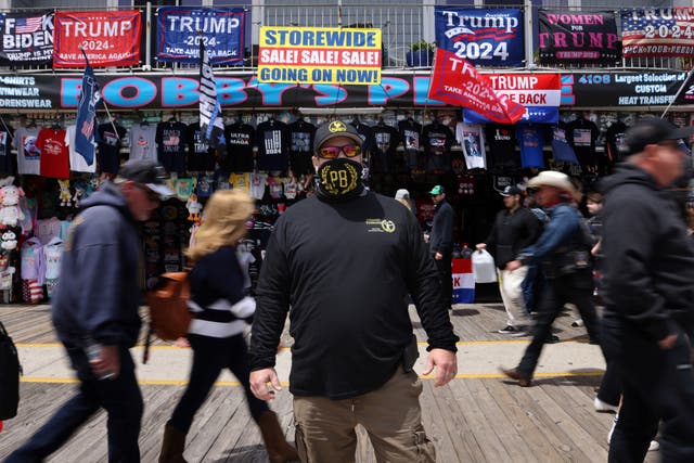 A member of the far-right Proud Boys stands for a portrait before a campaign rally for former U.S. president and Republican presidential candidate Donald Trump in Wildwood, New Jersey, U.S., May 11, 2024