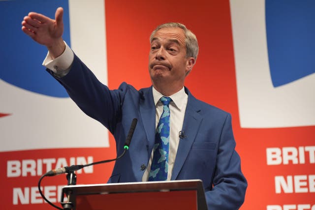 <p>Nigel Farage during a press conference to announce he will become the new leader of Reform UK and that he will stand as the parliamentary candidate for Clacton, Essex</p>