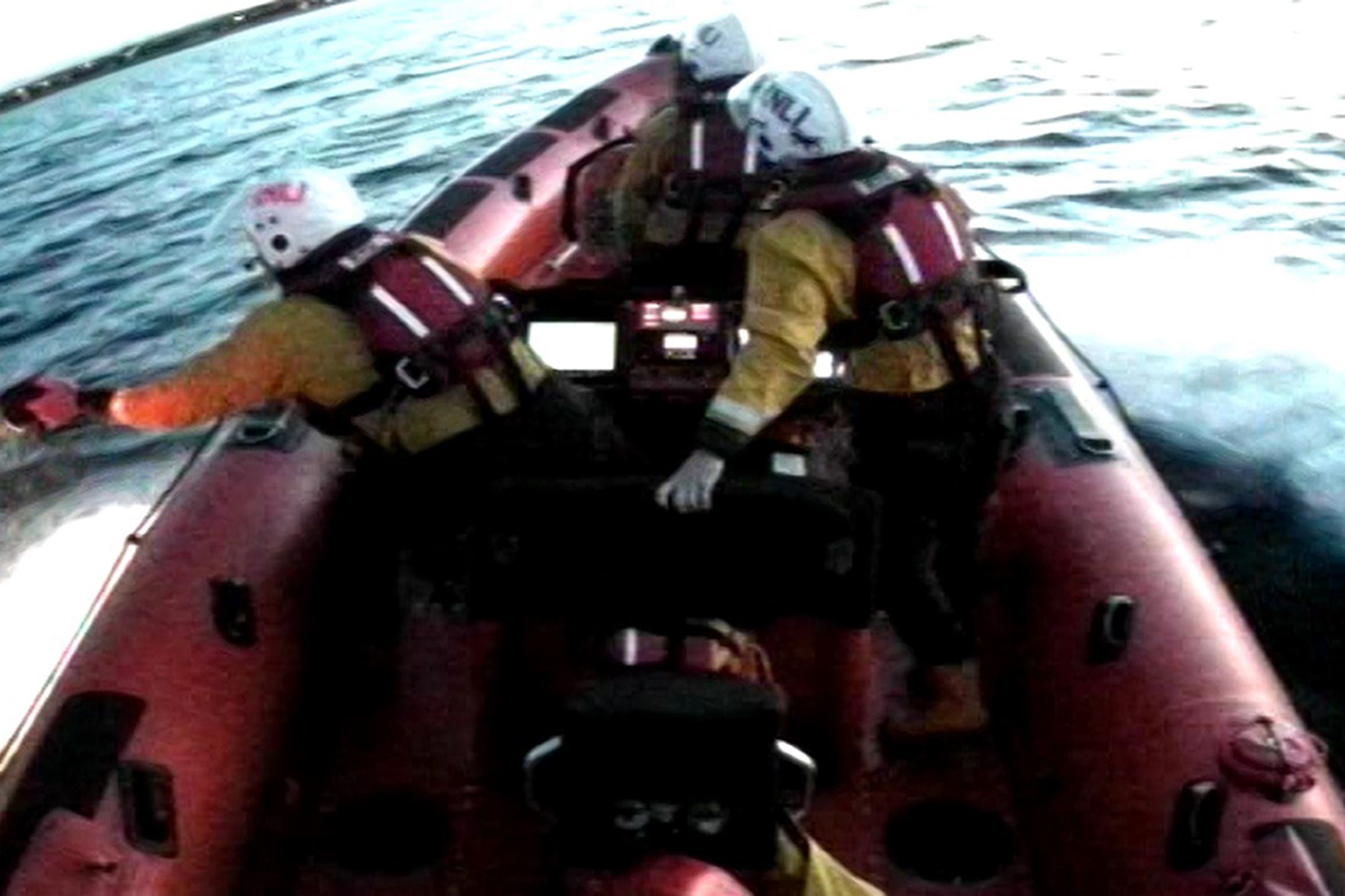 A lifeboat crew from Newbiggin during the rescue of two anglers who were saved after their kayak was sank in the North Sea (Richard Martin/RNLI/PA)