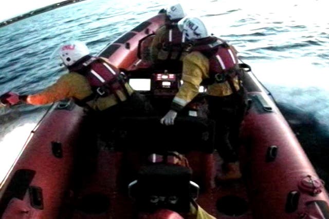 A lifeboat crew from Newbiggin during the rescue of two anglers who were saved after their kayak was sank in the North Sea (Richard Martin/RNLI/PA)