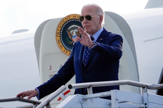 <p>President Joe Biden waves as he arrives on Air Force One at Westchester County Airport in White Plains, New York, on Monday 3 June 2024, ahead of campaign event </p>