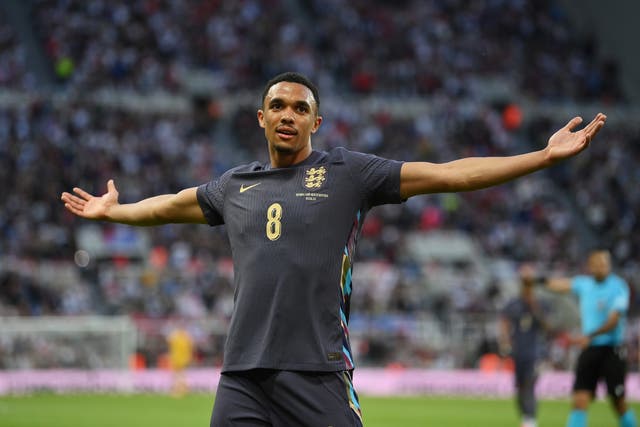 <p>Trent Alexander-Arnold celebrates after scoring England’s second goal</p>