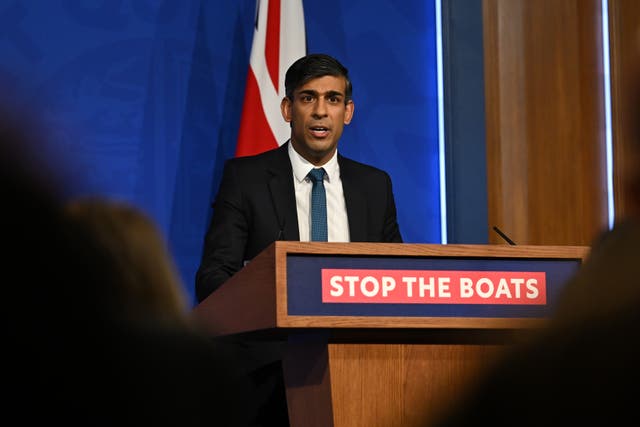 <p>Prime Minister Rishi Sunak holds a press conference in Downing Street, London, in response to the Supreme Court ruling that the Rwanda asylum policy is unlawful</p>