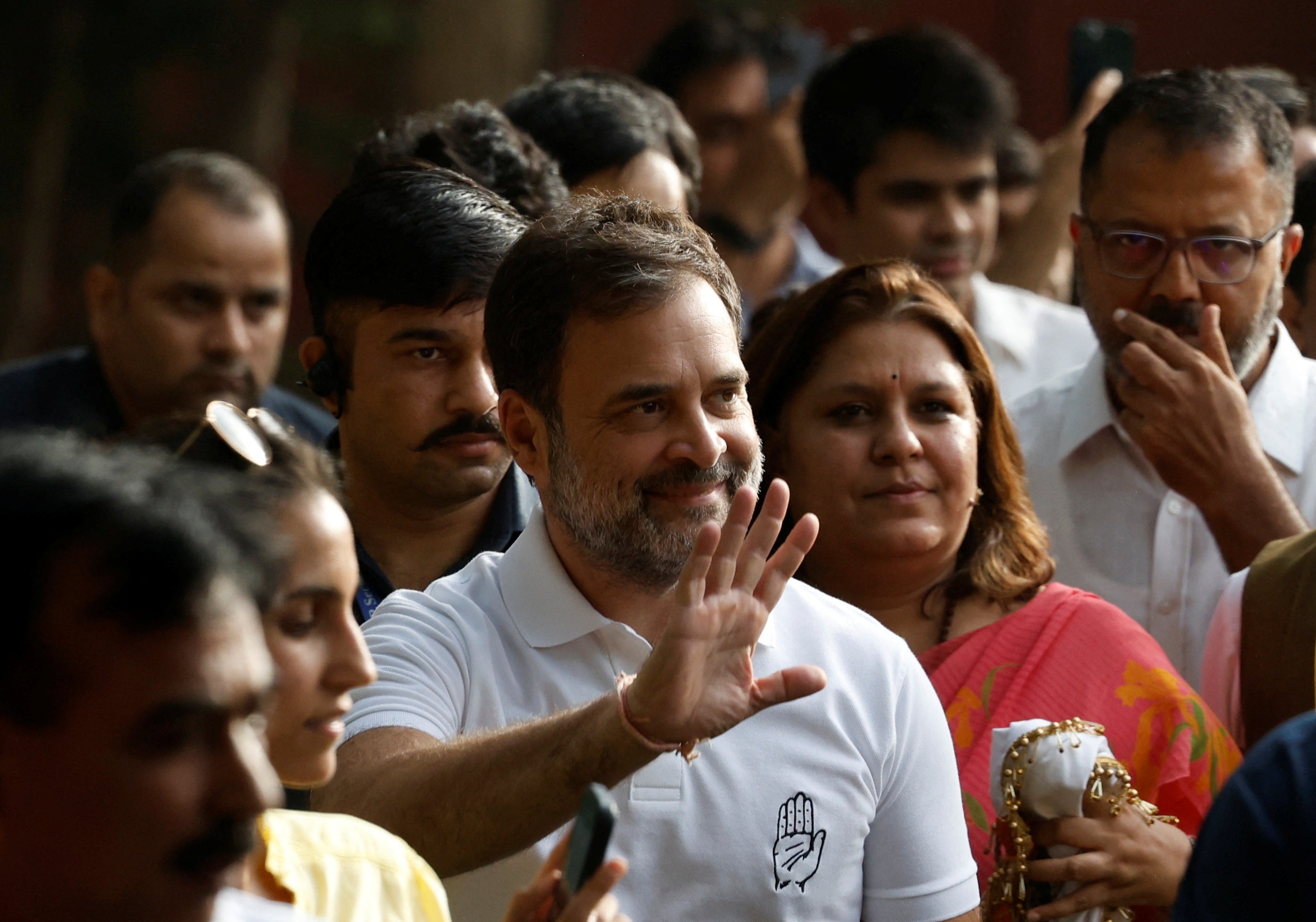 Rahul Gandhi, a senior leader of India’s main opposition Congress party, waves as he arrives at the party headquarters in New Delhi, India, 4 June 2024