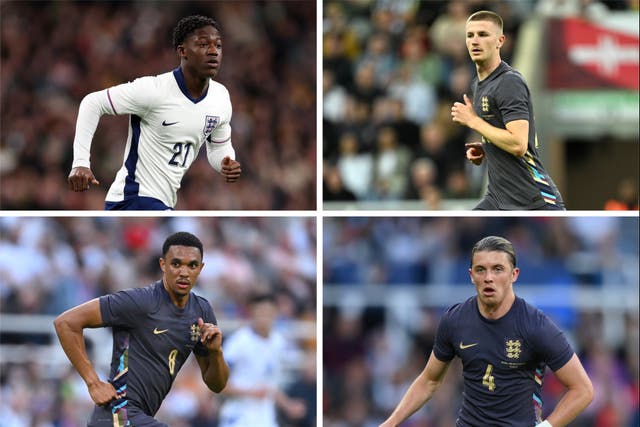<p>Middle England: (clockwise, from top left) Kobbie Mainoo, Adam Wharton, Conor Gallagher and Trent Alexander-Arnold</p>