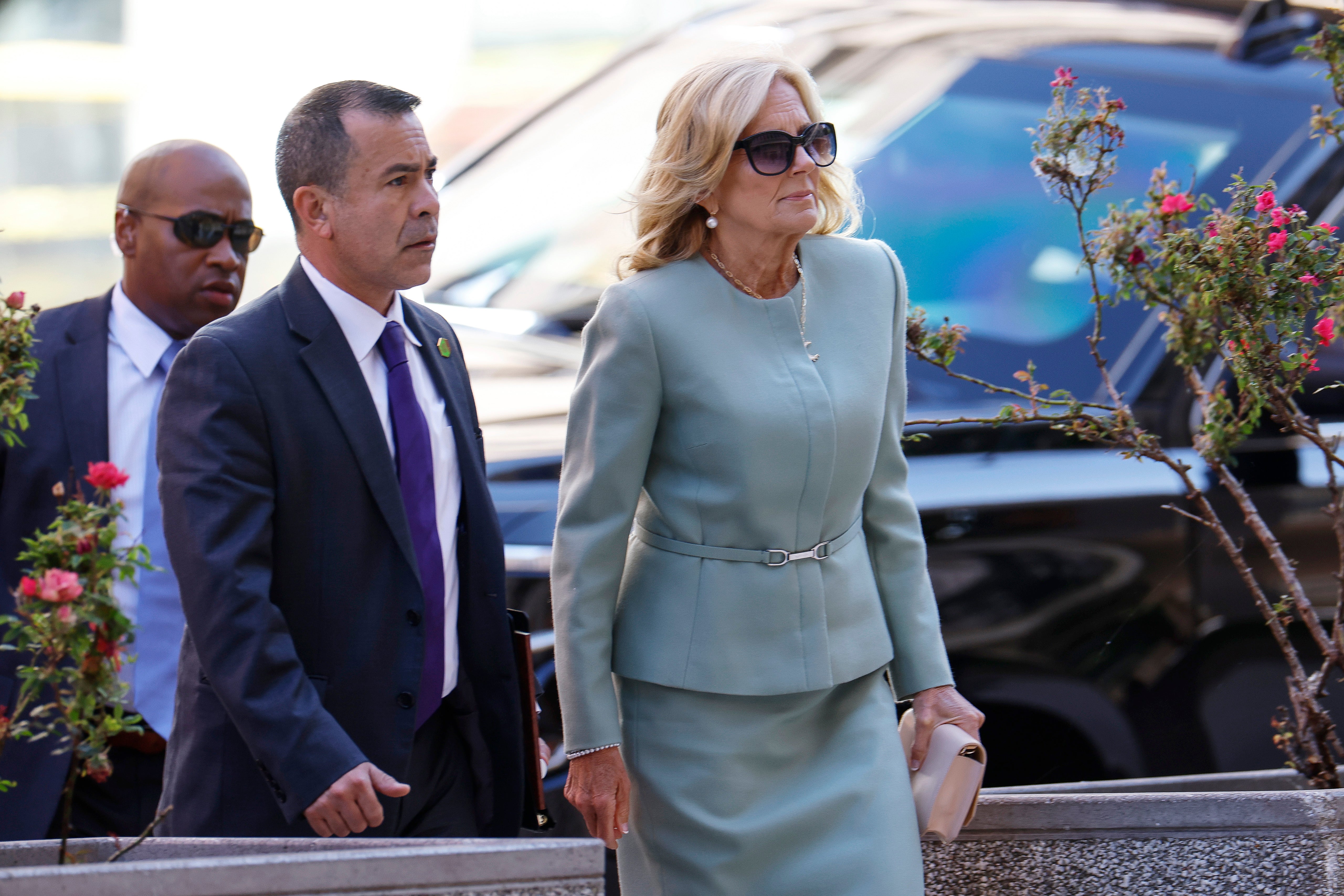 First lady Jill Biden and her senior advisor Anthony Bernal (L) arrive to the J. Caleb Boggs Federal Building for the trial of Hunter Biden, son of U.S. President Joe Biden, on June 04, 2024 in Wilmington, Delaware. Opening statements begin today in Hunter Biden's trial for felony gun charges