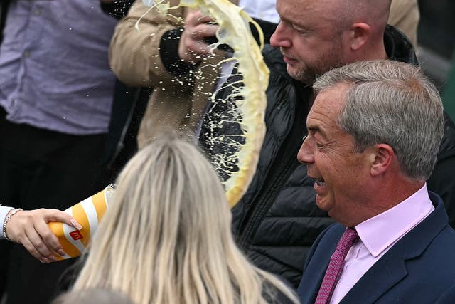 <p>Nigel Farage was doused in banana milkshake in Clacton </p>