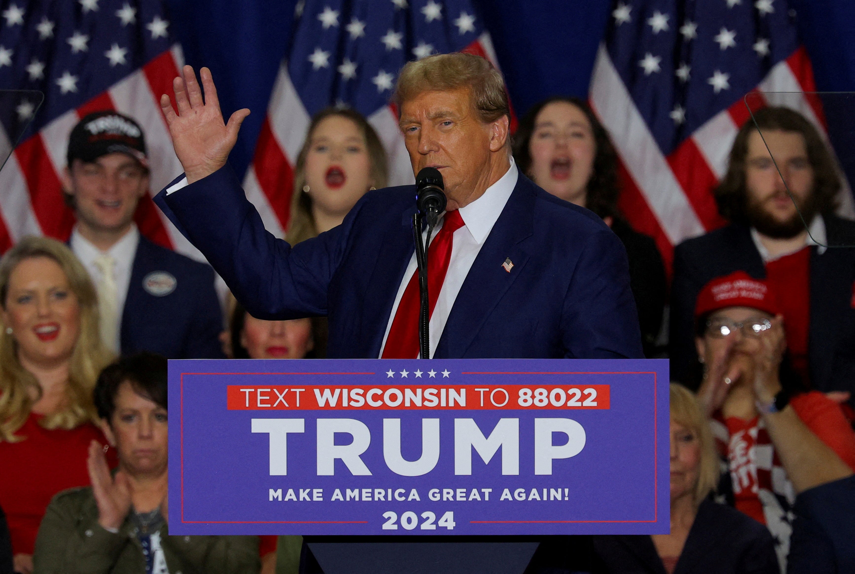<p>Donald Trump speaks at a campaign event in Wisconsin on April 2. </p>