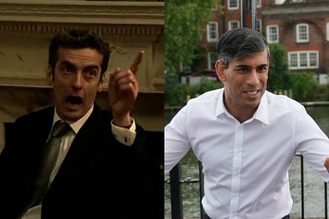 <p>Peter Capaldi as Malcolm Tucker in The Thick of It and PM Rishi Sunak</p>