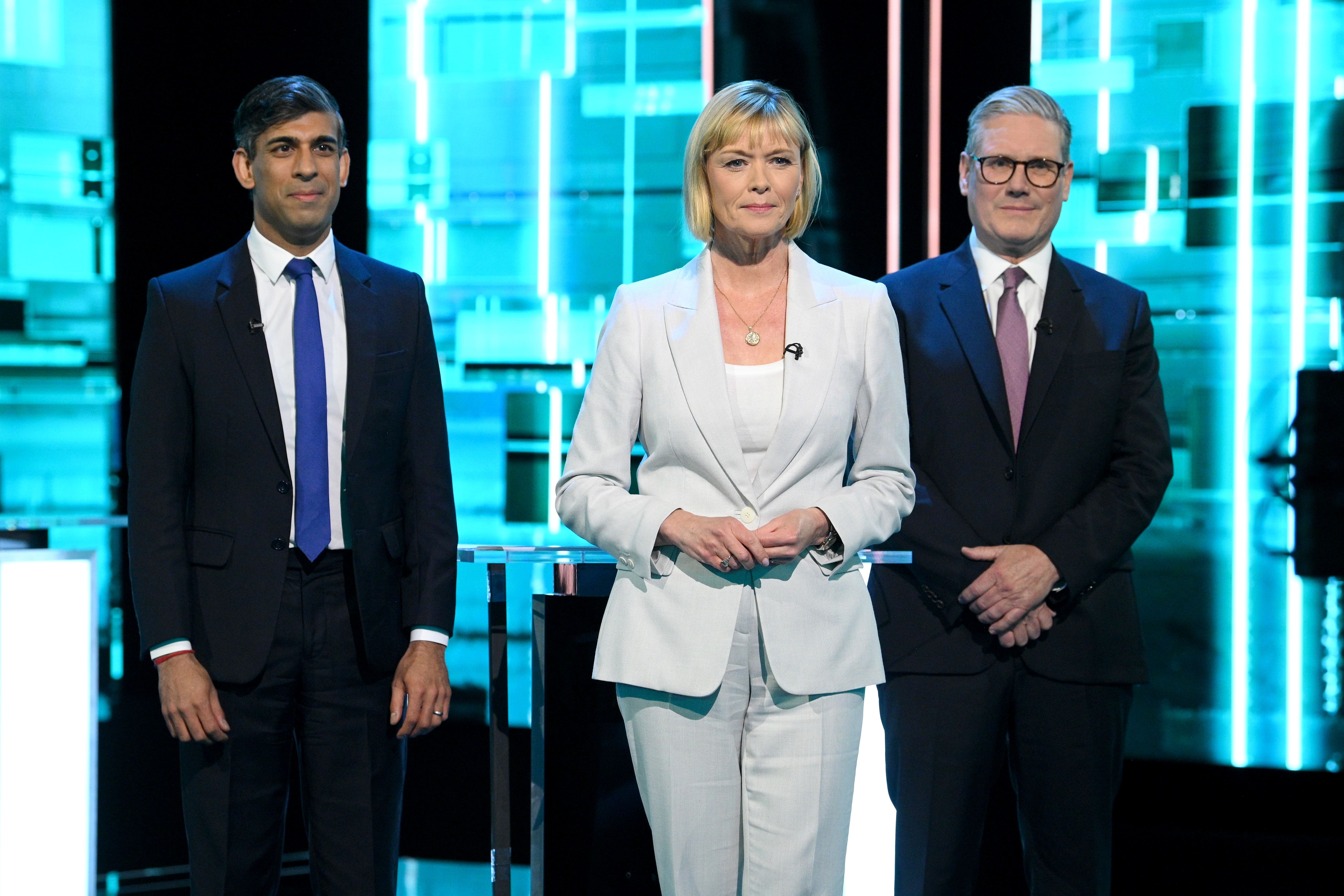 Prime Minister Rishi Sunak (left, with ITV host Julie Etchingham and Labour Party leader Sir Keir Starmer (ITV)