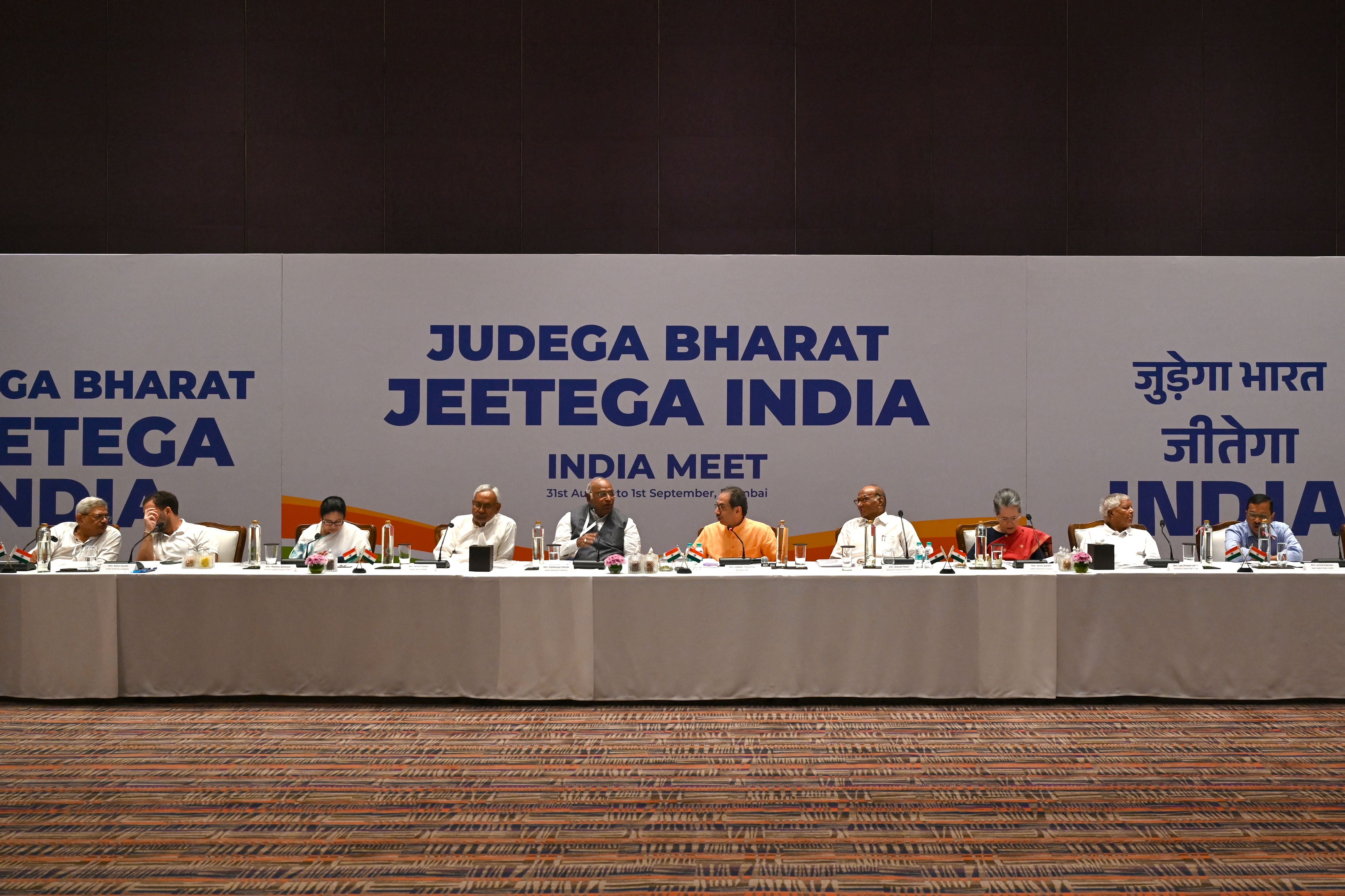 Rahul and Sonia Gandhi at an INDIA bloc meeting with leaders of the opposition alliance in Mumbai last year