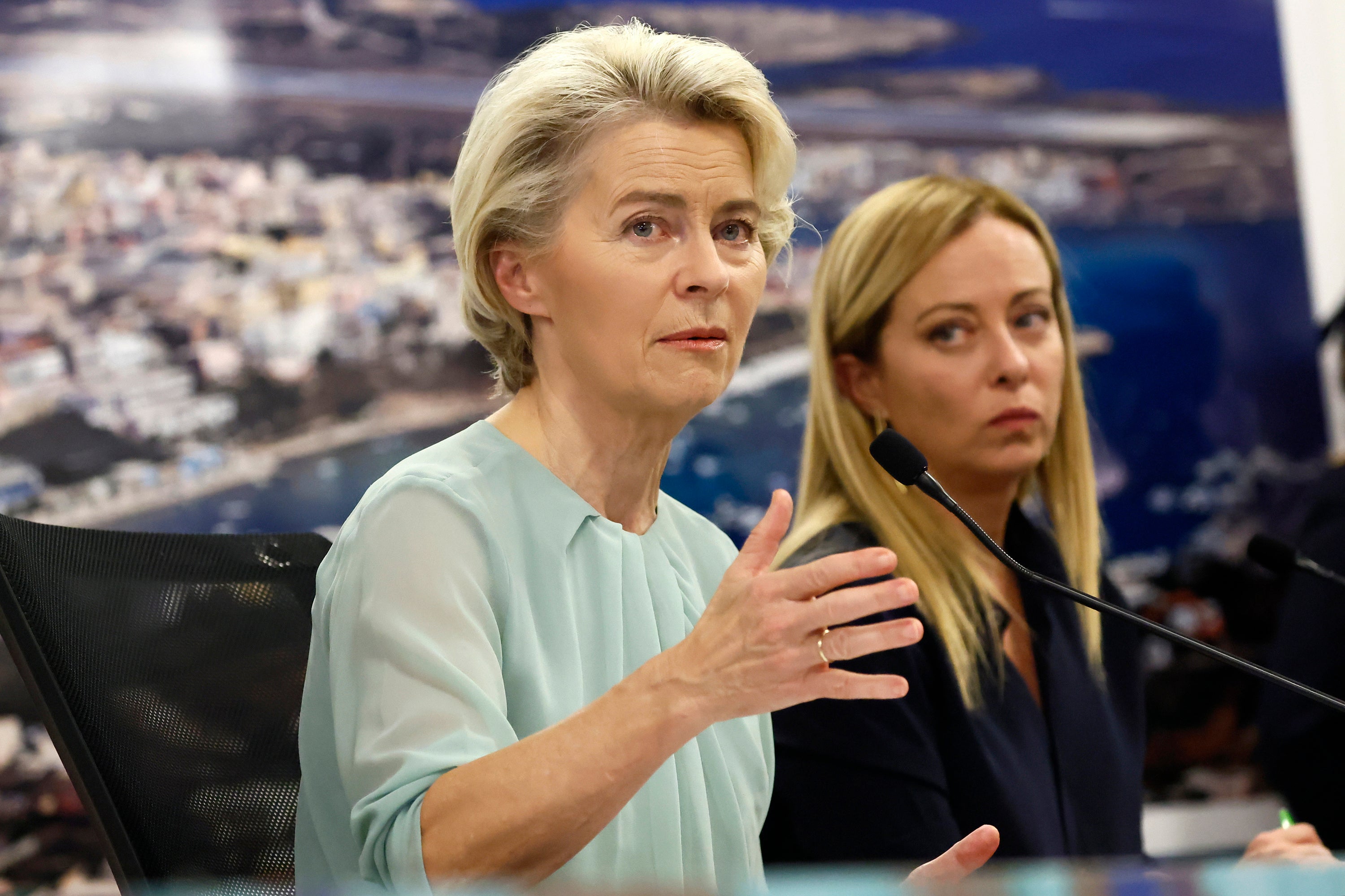 Italy’s far-right premier Giorgia Meloni, right, has been courted by both Ursula von der Leyen, left, and France’s Marine Le Pen