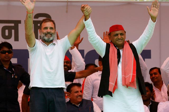 <p>Samajwadi Party president Akhilesh Yadav with Congress party’s Rahul Gandhi during a campaing rally in Kannauj, Uttar Pradesh, on 10 May 2024</p>