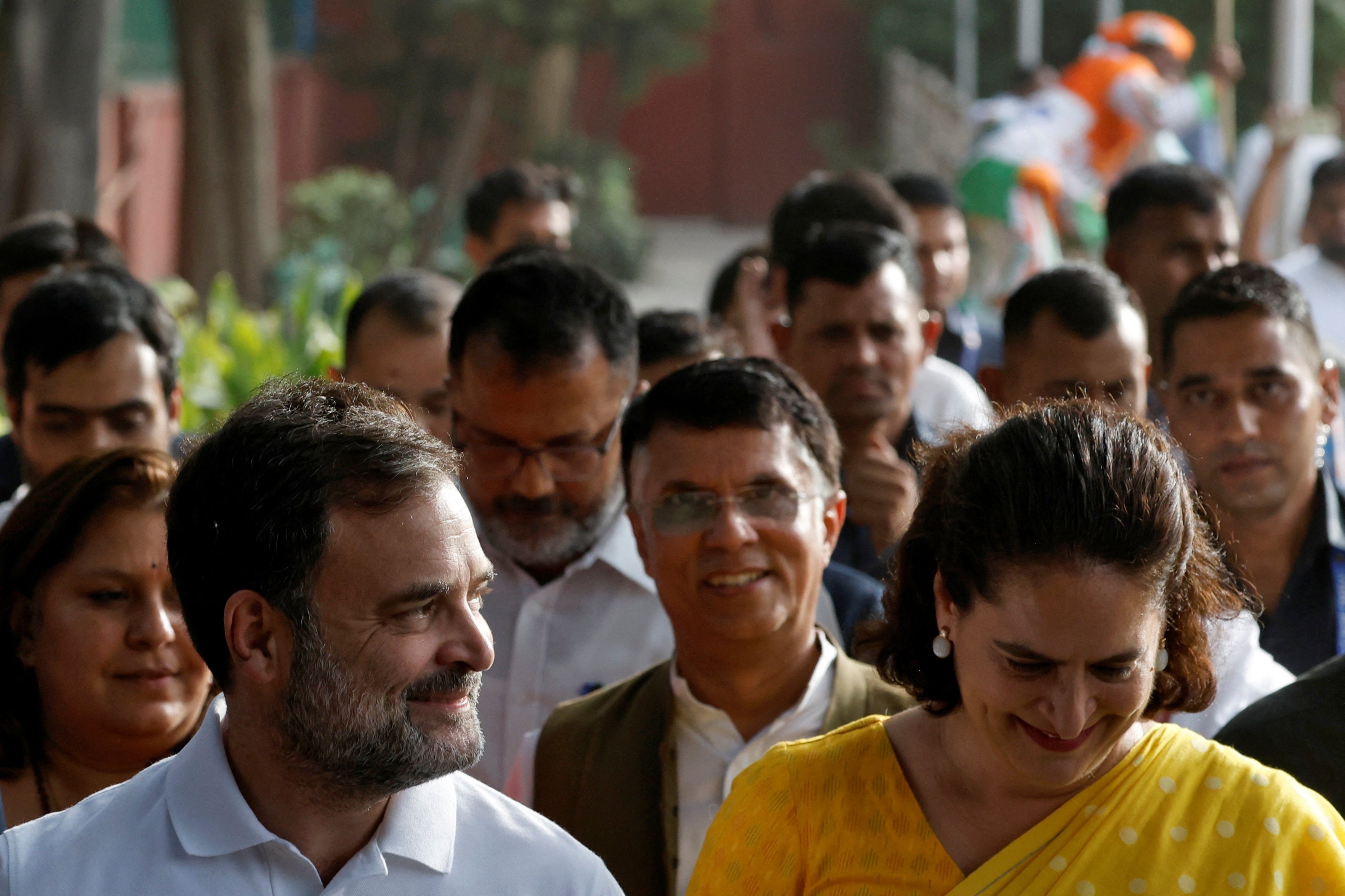 Rahul Gandhi along with Priyanka Gandhi Vadra arrive at the party headquarters in New Delhi