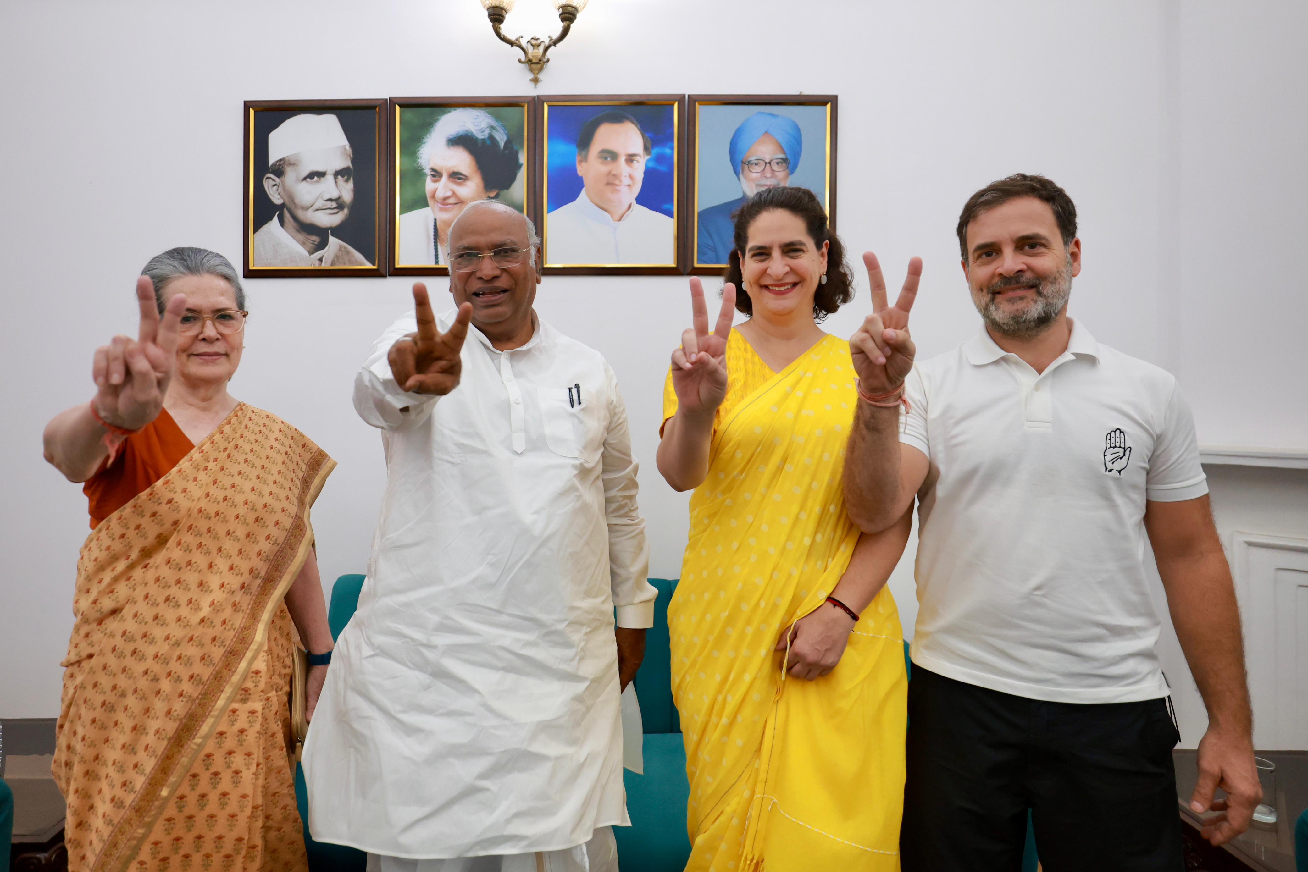 The Congress-led INDIA alliance defied all expectations in a surprisingly close election. Seen here: Sonia Gandhi, Mallikarjun Kharge, Priyanka Gandhi Vadra and Rahul Gandhi