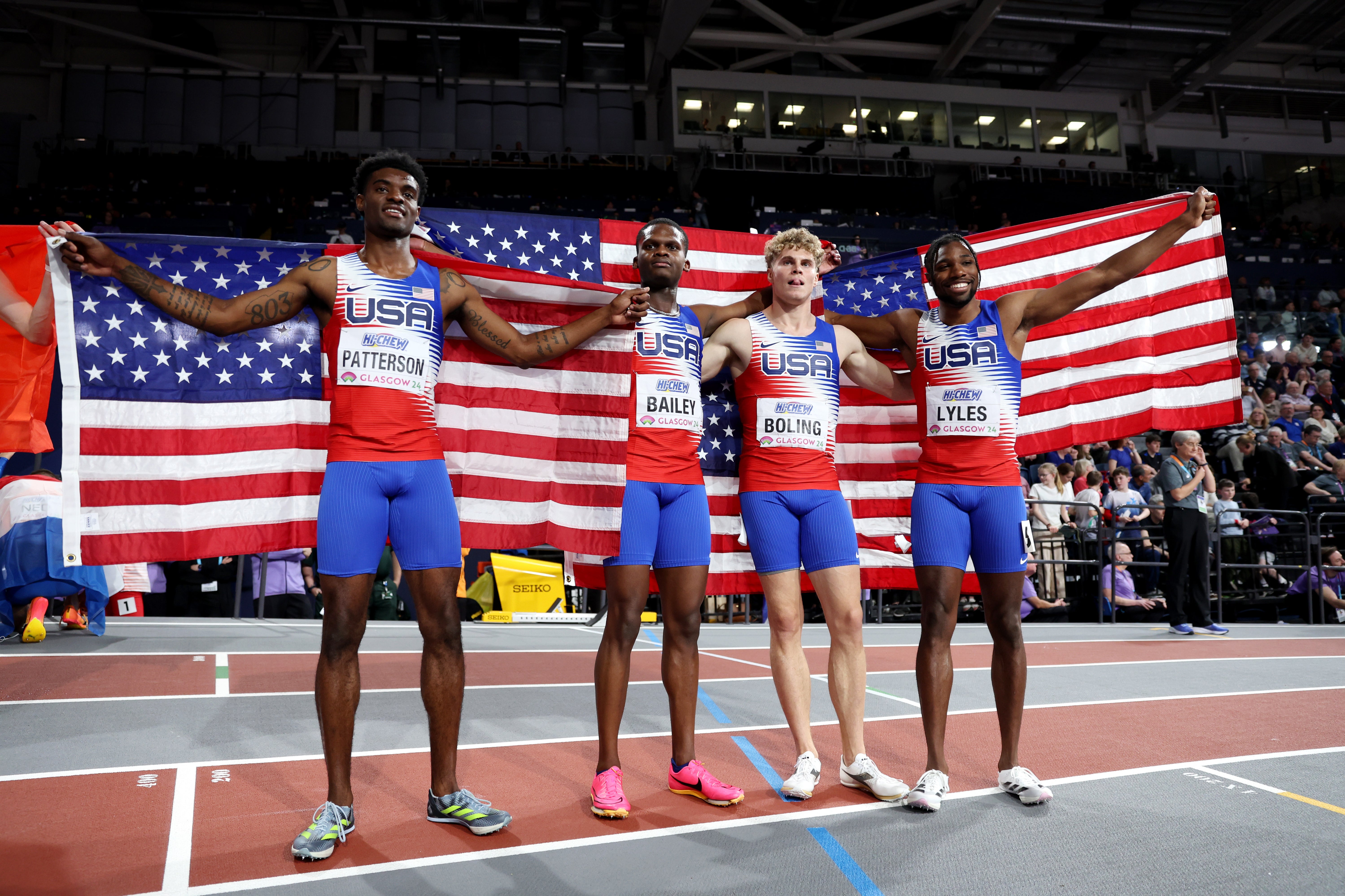 Noah Lyles (right) won silver in the 4x400 metres at the World Indoors in Glasgow