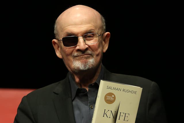 <p>Salman Rushdie attends a presentation of his book “Knife: Meditations After an Attempted Murder” at Deutsches Theater on May 16, 2024 in Berlin, Germany.</p>