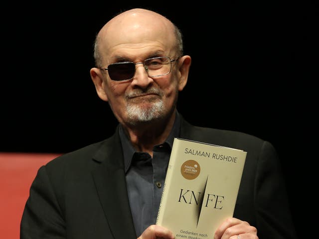 <p>Salman Rushdie attends a presentation of his book “Knife: Meditations After an Attempted Murder” at Deutsches Theater on May 16, 2024 in Berlin, Germany.</p>