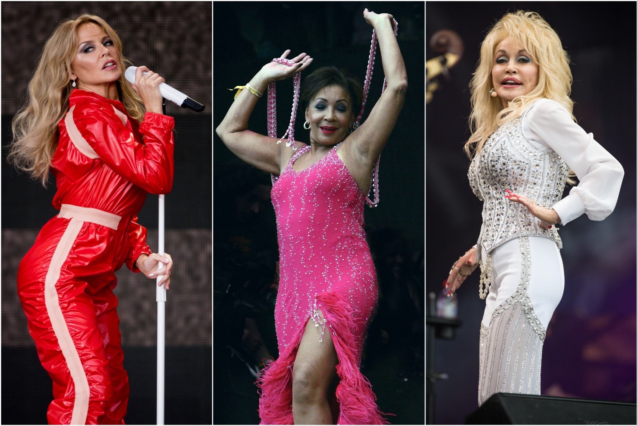 L-R: Kylie Minogue, Shirley Bassey and Dolly Parton performing in the Legends Slot on the Pyramid Stage at Glastonbury Festival