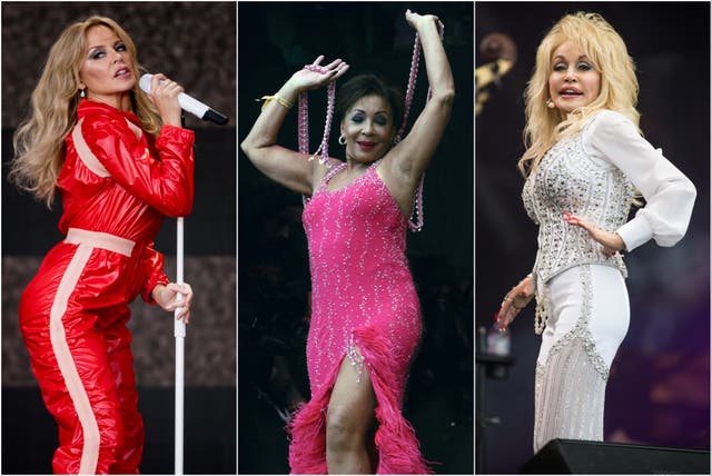 <p>L-R: Kylie Minogue, Shirley Bassey and Dolly Parton performing in the Legends Slot on the Pyramid Stage at Glastonbury Festival</p>